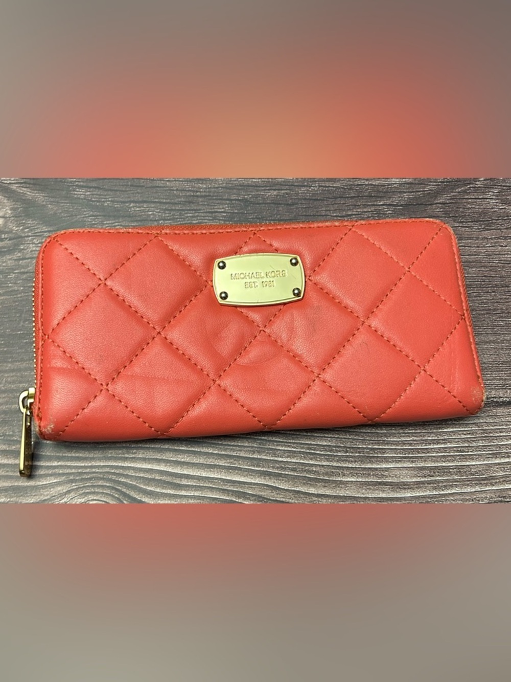 Michael Kors Coral Quilted Leather Wallet with Gold Plaque